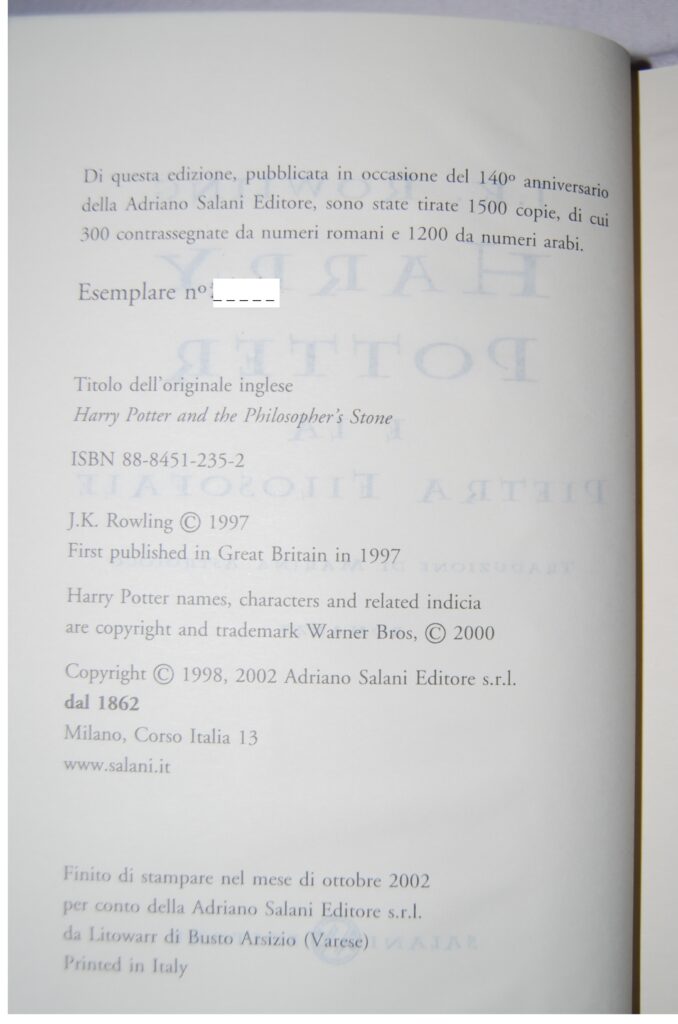 Harry Potter e La Pietra Filosofale Edizione Salani Limitata Numerata 2002